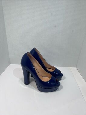 Patent Navy Peep-Toe Platform Pumps